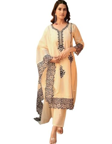 women's cotton cream colour kurta with pant and dupatta