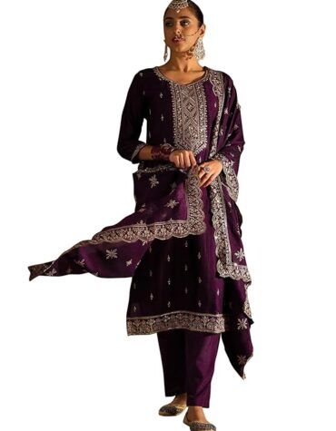 heeramandi style women's burgandy silk kuta and pant with dupatta set