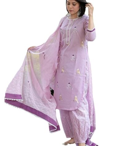 women lavender kurta with pant and dupatta