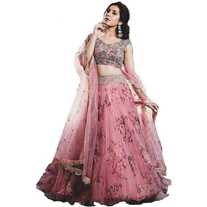 pink printe lehanga choli for women